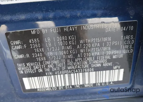 2010 Subaru Outback 2.5I from USA, damaged, VIN 4S4BRBAC5A3376806